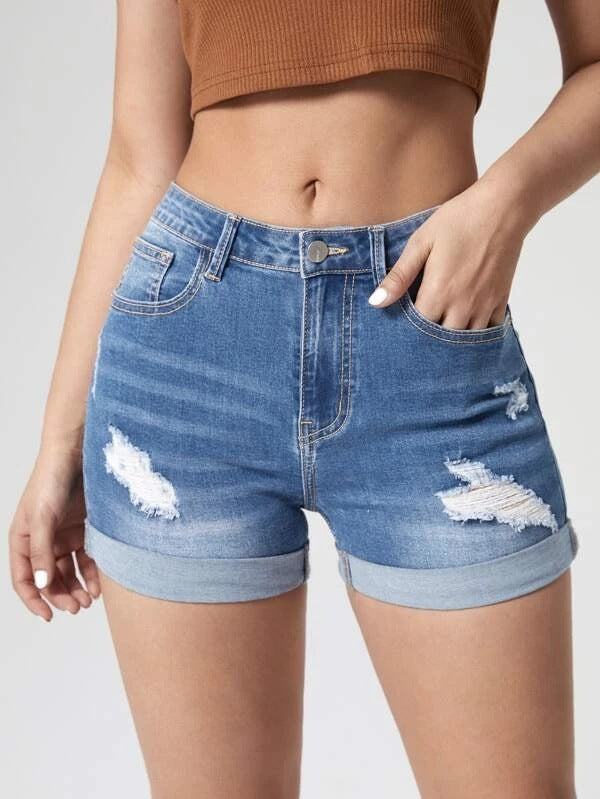 Shorts Vaqueros Desgastados de Cintura Elástica Alta para Mujer