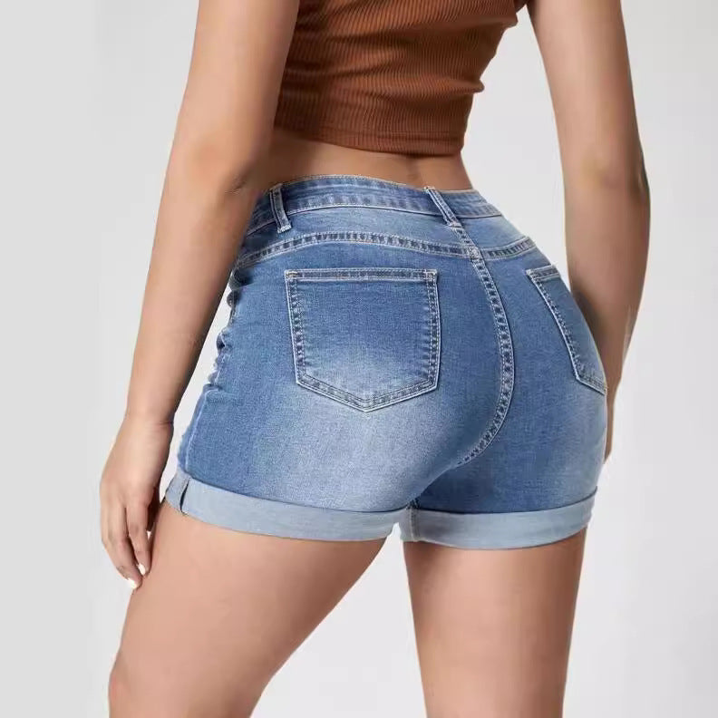 Shorts Vaqueros Desgastados de Cintura Elástica Alta para Mujer