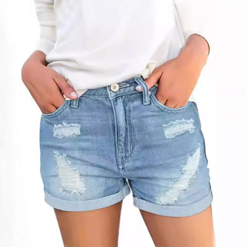 Shorts Vaqueros Desgastados con Dobladillo para Mujer