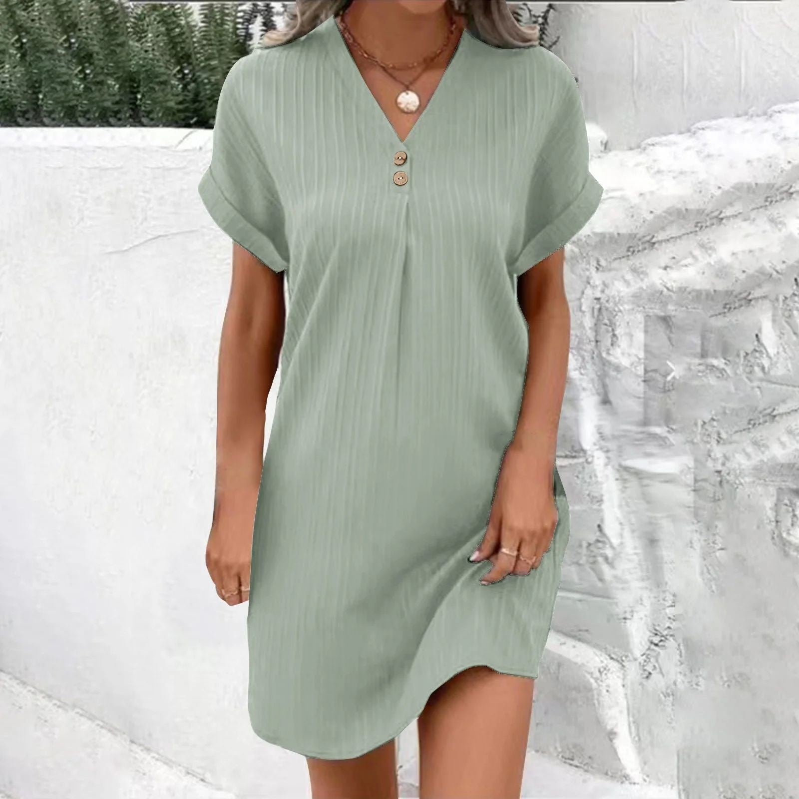 Vestido A-Line de Manga Larga con Botones para Mujer – Color Sólido