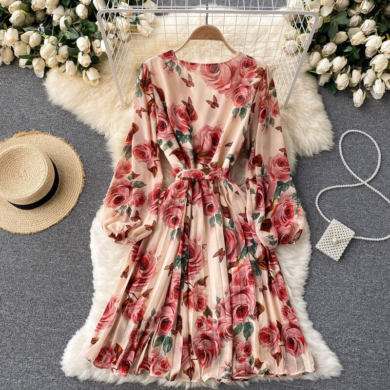 Vestido Largo Floral Estilo Francés con Escote en V para Mujer