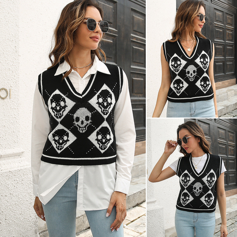 Chaleco Jersey Jacquard de Calaveras para Mujer – Estilo Gótico Otoño