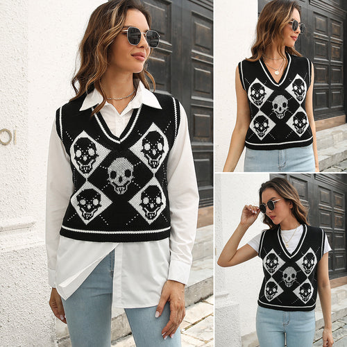 Chaleco Jersey Jacquard de Calaveras para Mujer – Estilo Gótico Otoño