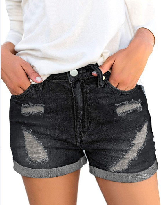 Shorts Vaqueros Desgastados con Dobladillo para Mujer