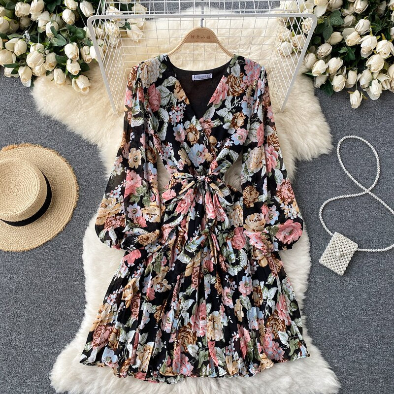 Vestido Largo Floral Estilo Francés con Escote en V para Mujer
