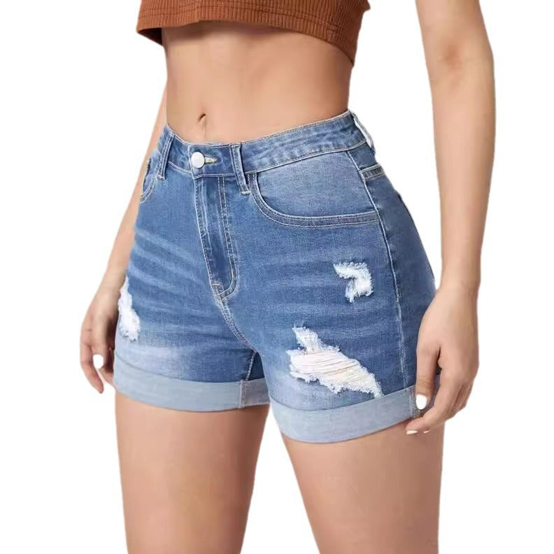 Shorts Vaqueros Desgastados de Cintura Elástica Alta para Mujer
