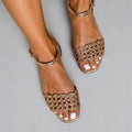 Sandalias de mujer con puntera abierta, sandalias de tiras rectas tejidas y caladas