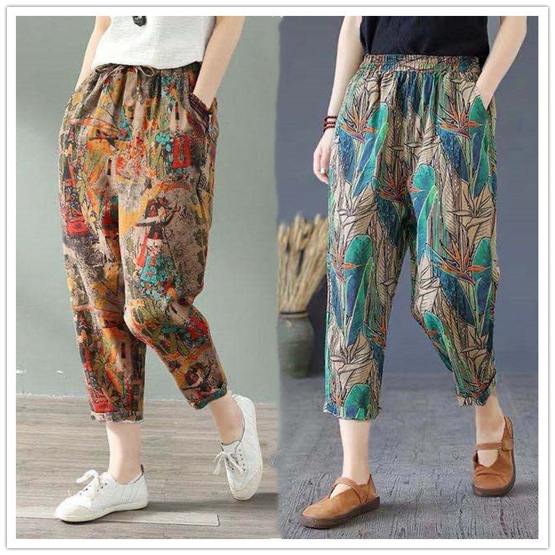 Pantalones Harem de Lino y Algodón para Mujer – Estampado Graffiti