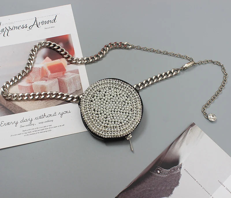 Cinturón Largo de Cuero PU con Mini Bolso y Perlas para Mujer