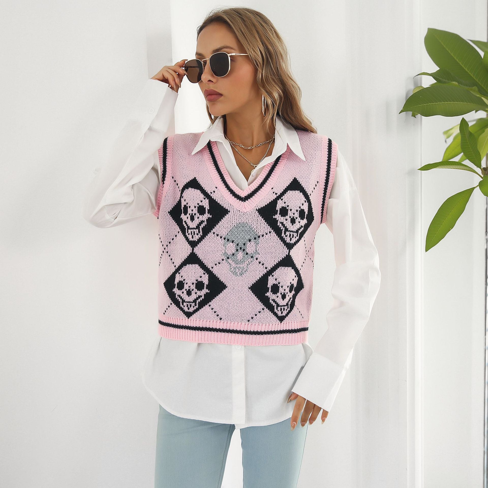 Chaleco Jersey Jacquard de Calaveras para Mujer – Estilo Gótico Otoño