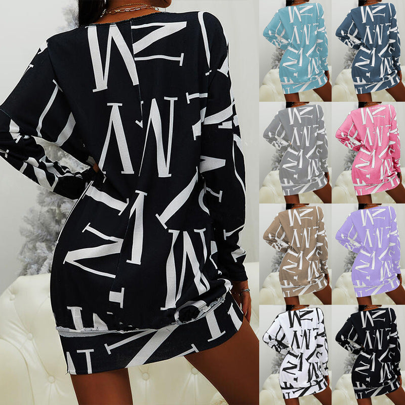 Vestido Holgado de Manga Larga con Estampado de Letras para Mujer