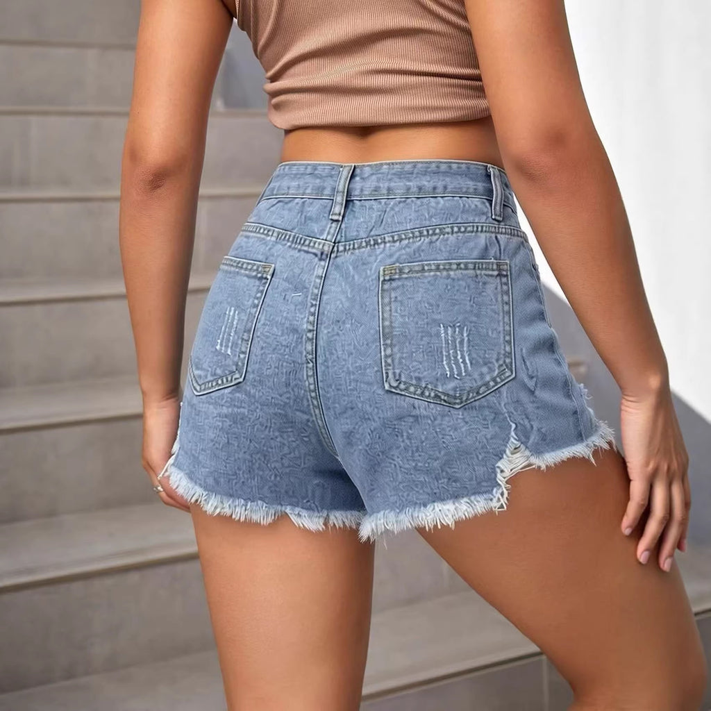 Shorts vaqueros de cintura alta slim fit con dobladillo deshilachado