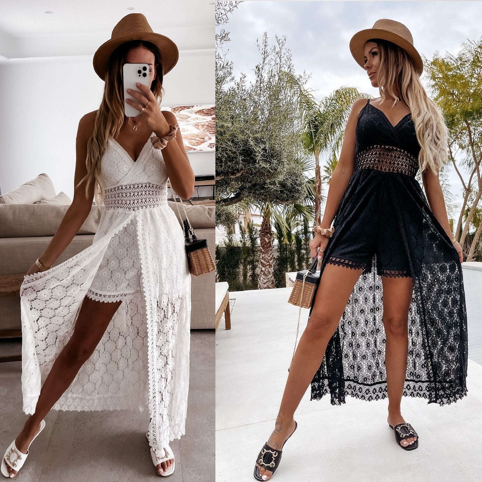 Vestido de encaje con tirantes y escote en V