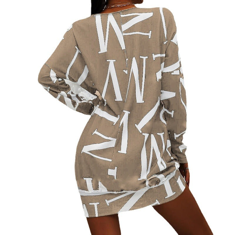 Vestido Holgado de Manga Larga con Estampado de Letras para Mujer