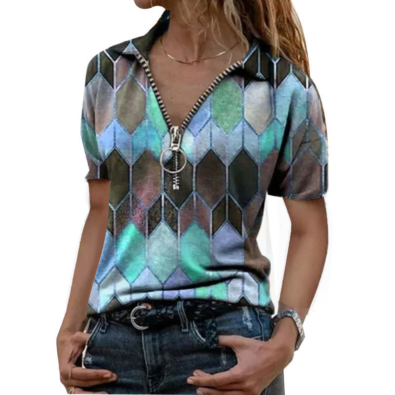 Camiseta de Verano con Cremallera y Escote V Estampada para Mujer