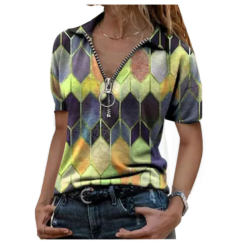 Camiseta de Verano con Cremallera y Escote V Estampada para Mujer