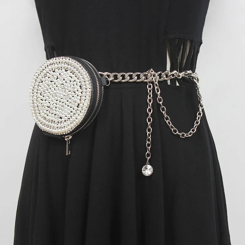 Cinturón Largo de Cuero PU con Mini Bolso y Perlas para Mujer