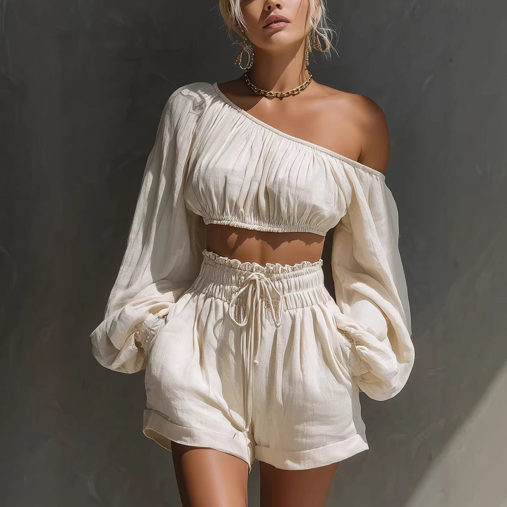 Conjunto Top Manga Larga con Hombros y Shorts de Cintura Alta para Mujer