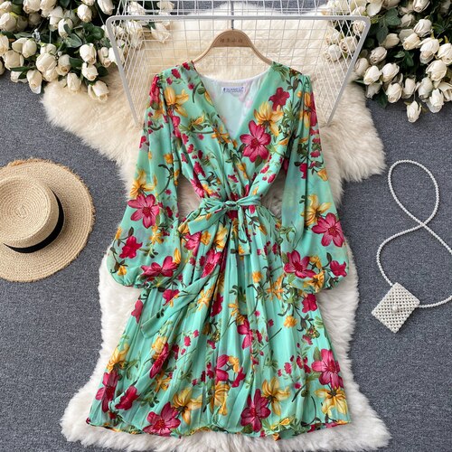 Vestido Largo Floral Estilo Francés con Escote en V para Mujer
