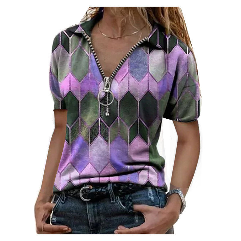 Camiseta de Verano con Cremallera y Escote V Estampada para Mujer