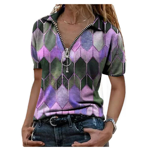 Camiseta de Verano con Cremallera y Escote V Estampada para Mujer