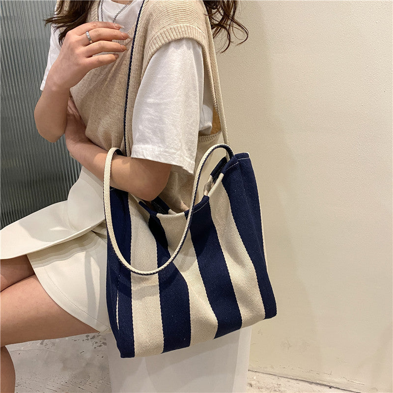 Bolso tote de lona a rayas retro gran capacidad