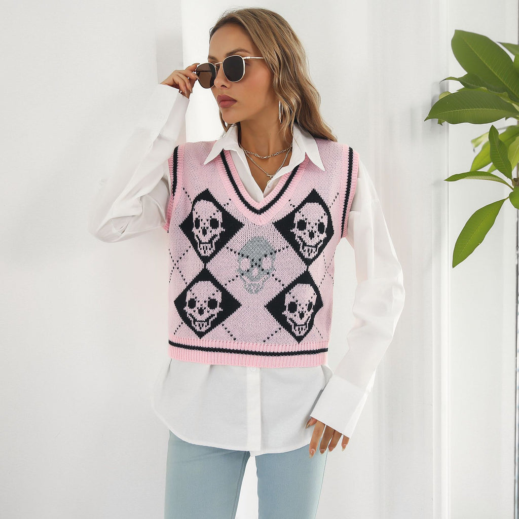 Chaleco Jersey Jacquard de Calaveras para Mujer – Estilo Gótico Otoño
