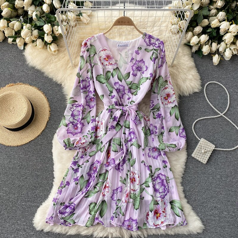 Vestido Largo Floral Estilo Francés con Escote en V para Mujer