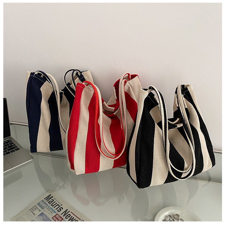 Bolso tote de lona a rayas retro gran capacidad