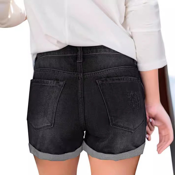 Shorts Vaqueros Desgastados con Dobladillo para Mujer