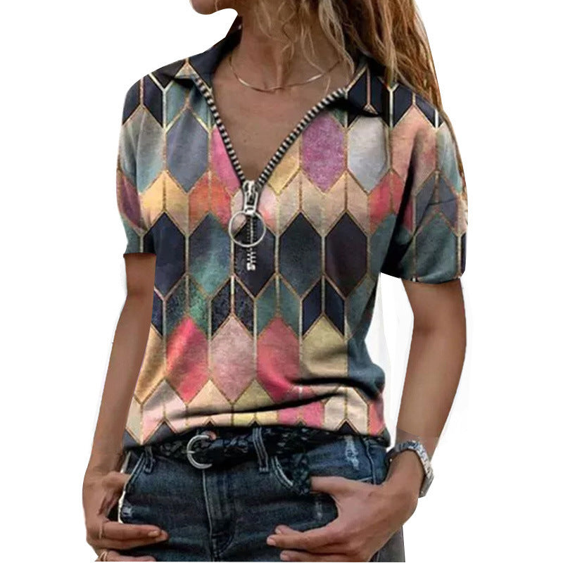Camiseta de Verano con Cremallera y Escote V Estampada para Mujer