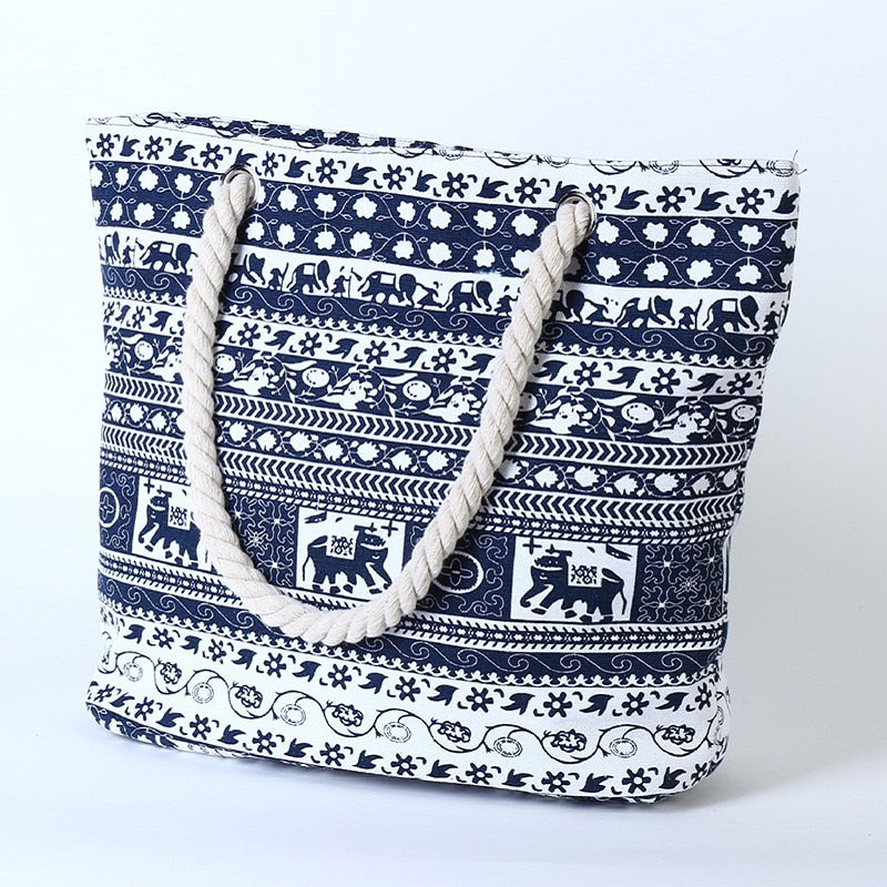 Bolso de lona con estampado de elefantes y flores