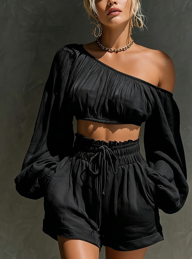 Conjunto Top Manga Larga con Hombros y Shorts de Cintura Alta para Mujer
