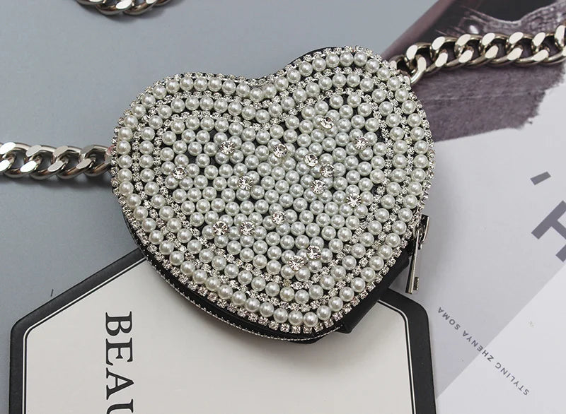 Cinturón Largo de Cuero PU con Mini Bolso y Perlas para Mujer