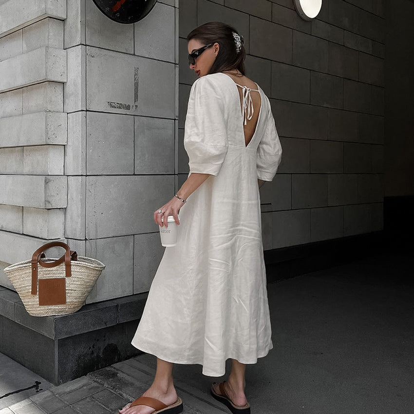 Vestido midi holgado de manga burbuja con cuello en V
