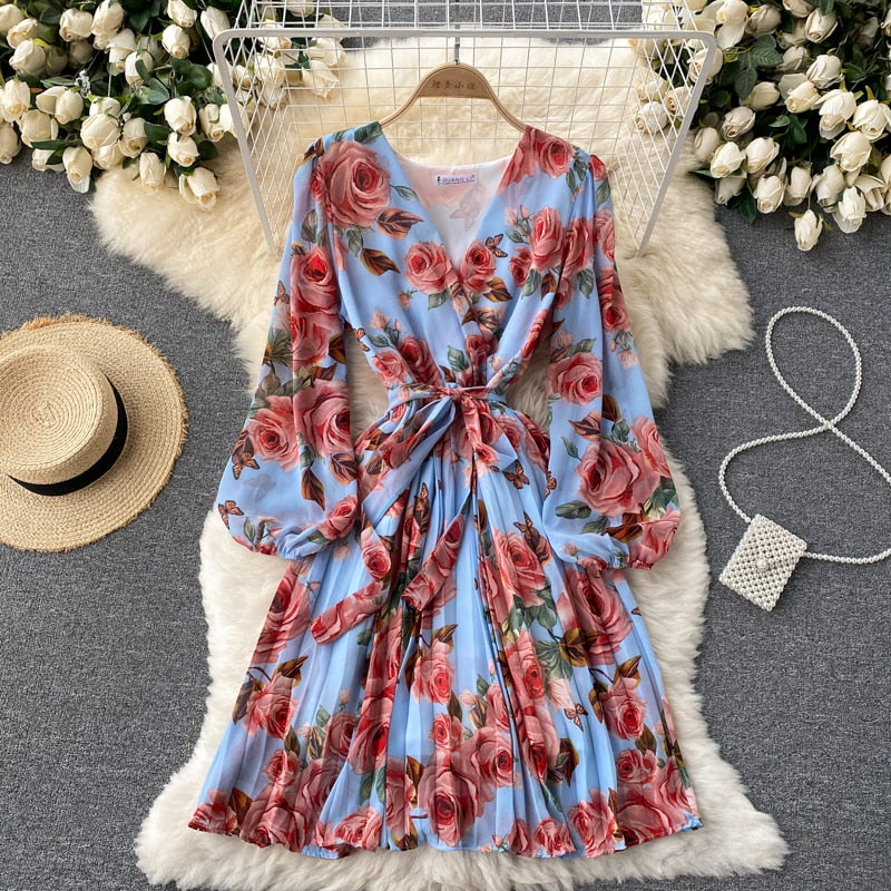 Vestido Largo Floral Estilo Francés con Escote en V para Mujer