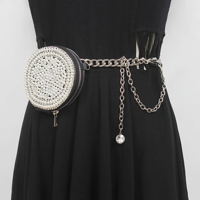 Cinturón Largo de Cuero PU con Mini Bolso y Perlas para Mujer