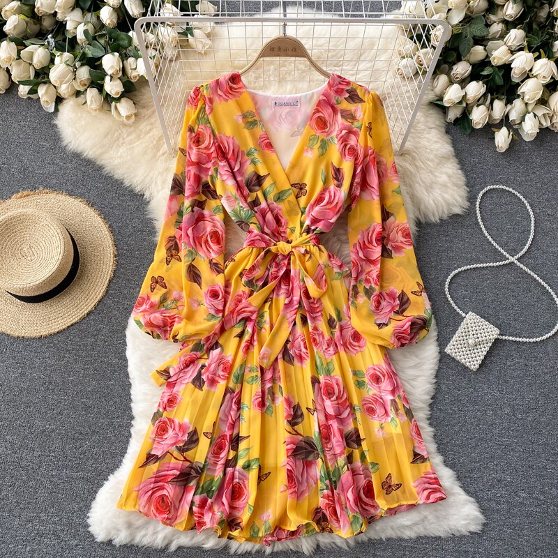 Vestido Largo Floral Estilo Francés con Escote en V para Mujer