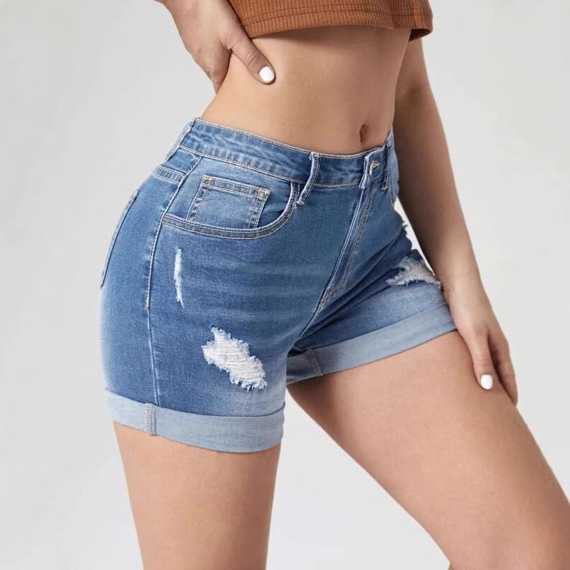 Shorts Vaqueros Desgastados de Cintura Elástica Alta para Mujer