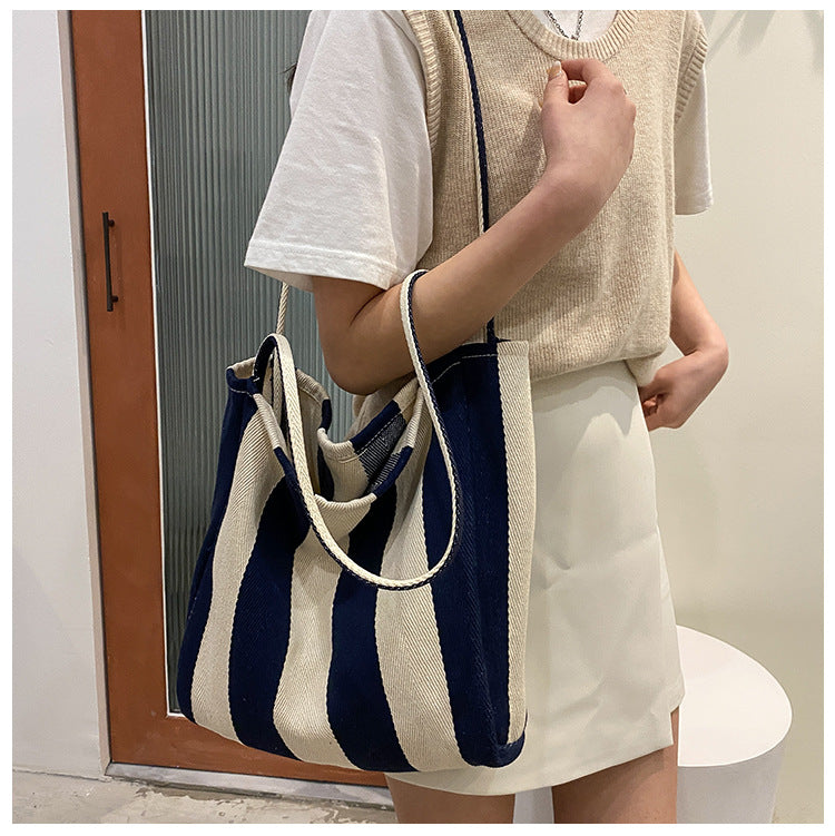 Bolso tote de lona a rayas retro gran capacidad