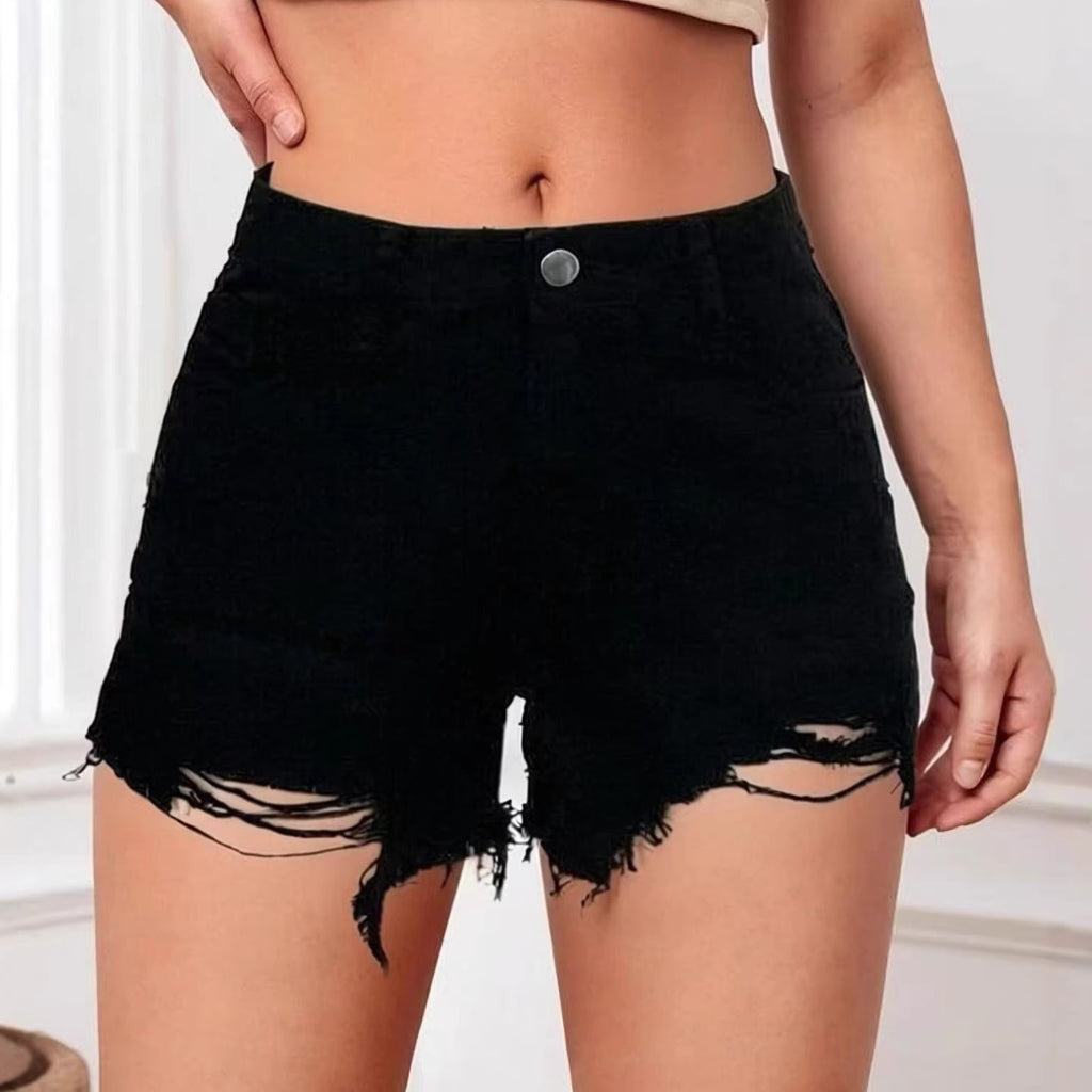 Shorts vaqueros de cintura alta slim fit con dobladillo deshilachado