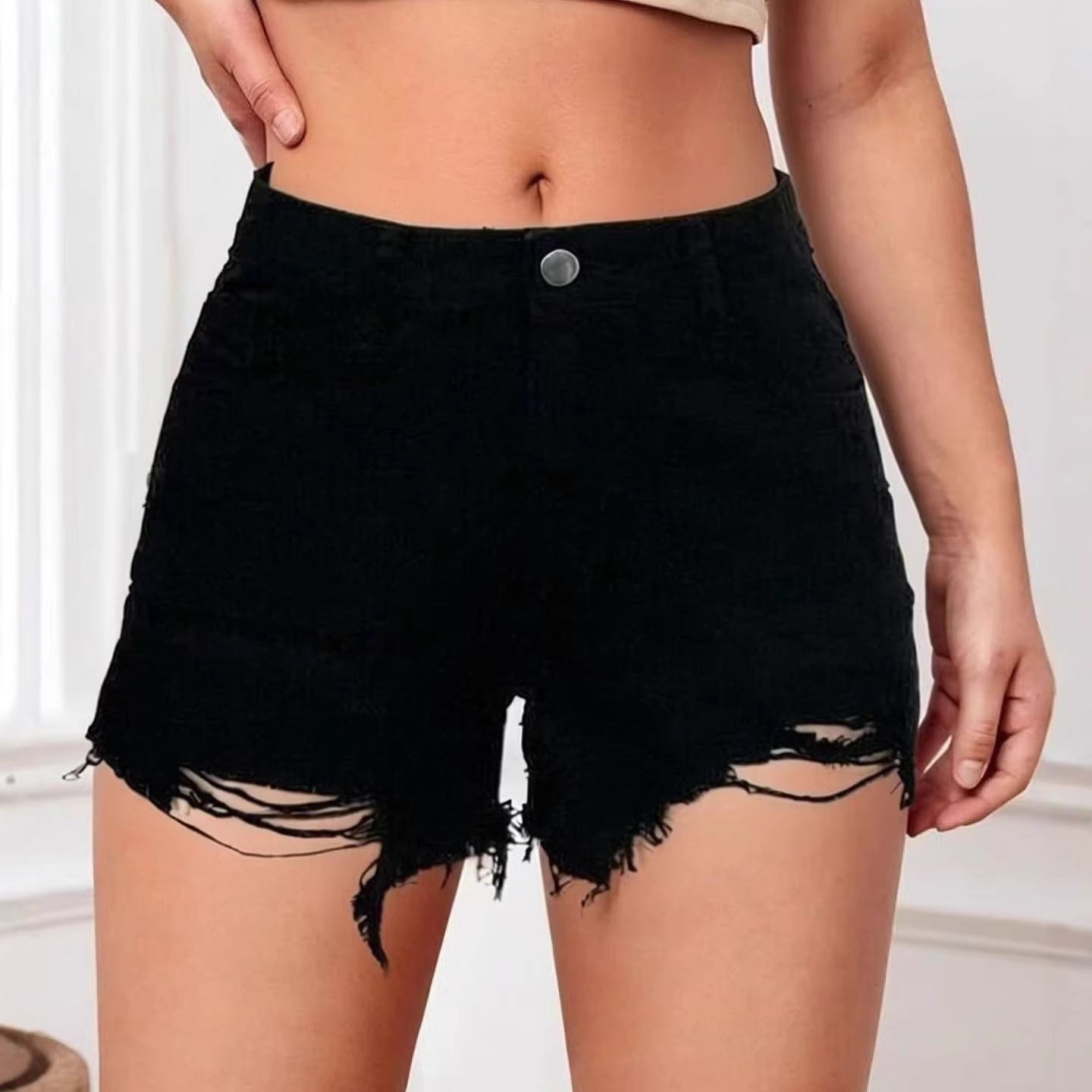 Shorts vaqueros de cintura alta slim fit con dobladillo deshilachado