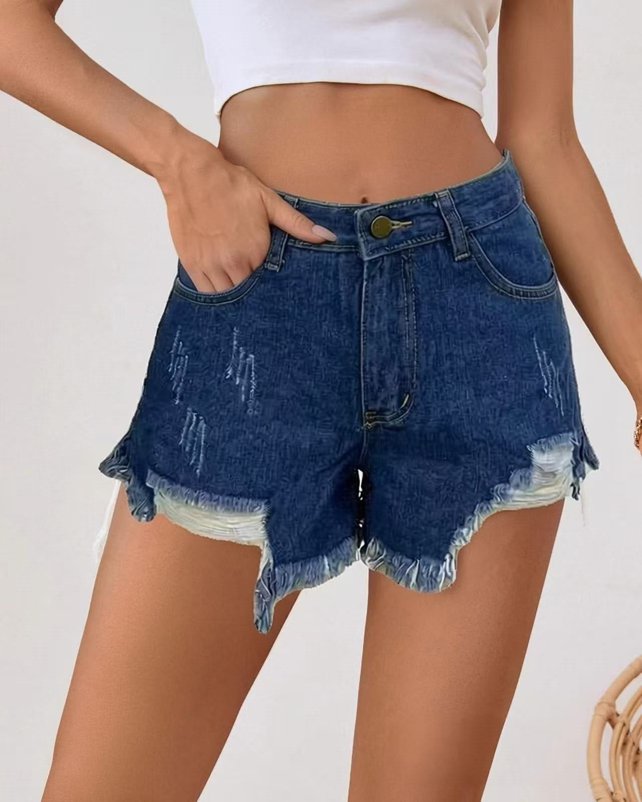 Shorts vaqueros de cintura alta slim fit con dobladillo deshilachado