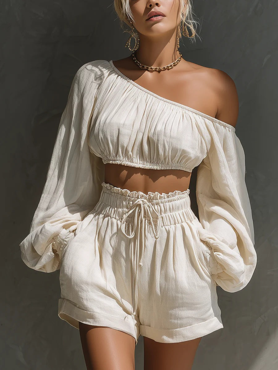 Conjunto Top Manga Larga con Hombros y Shorts de Cintura Alta para Mujer