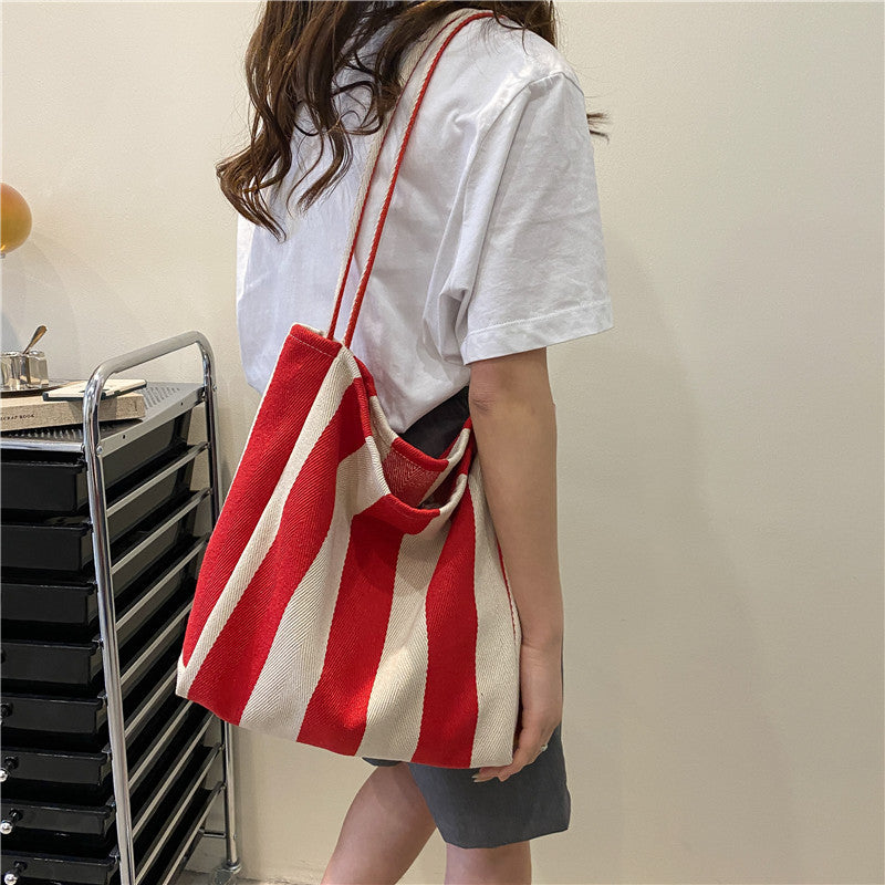 Bolso tote de lona a rayas retro gran capacidad