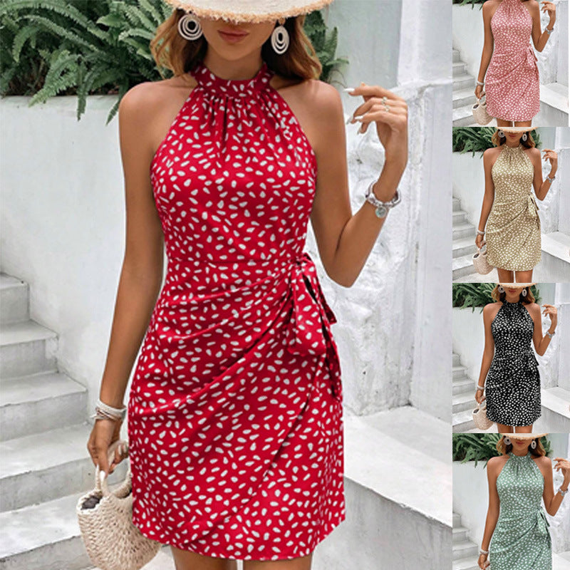 Halter Neck Sleeveless Floral Mini Dress with Zipper