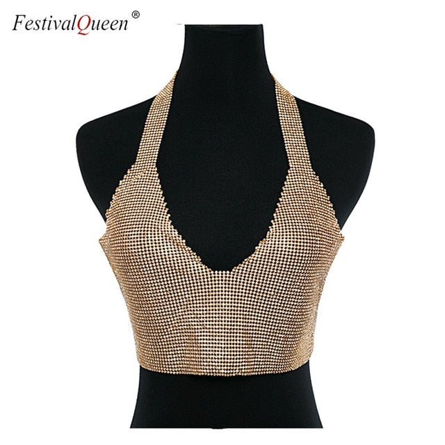 Top Crop de Lentejuelas con Escote V Profundo para Mujer