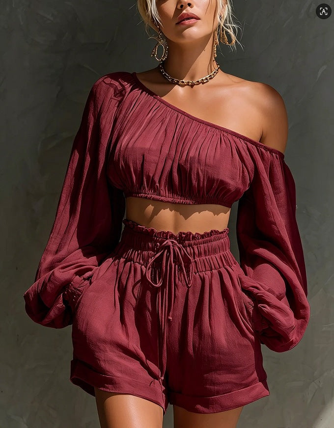 Conjunto Top Manga Larga con Hombros y Shorts de Cintura Alta para Mujer