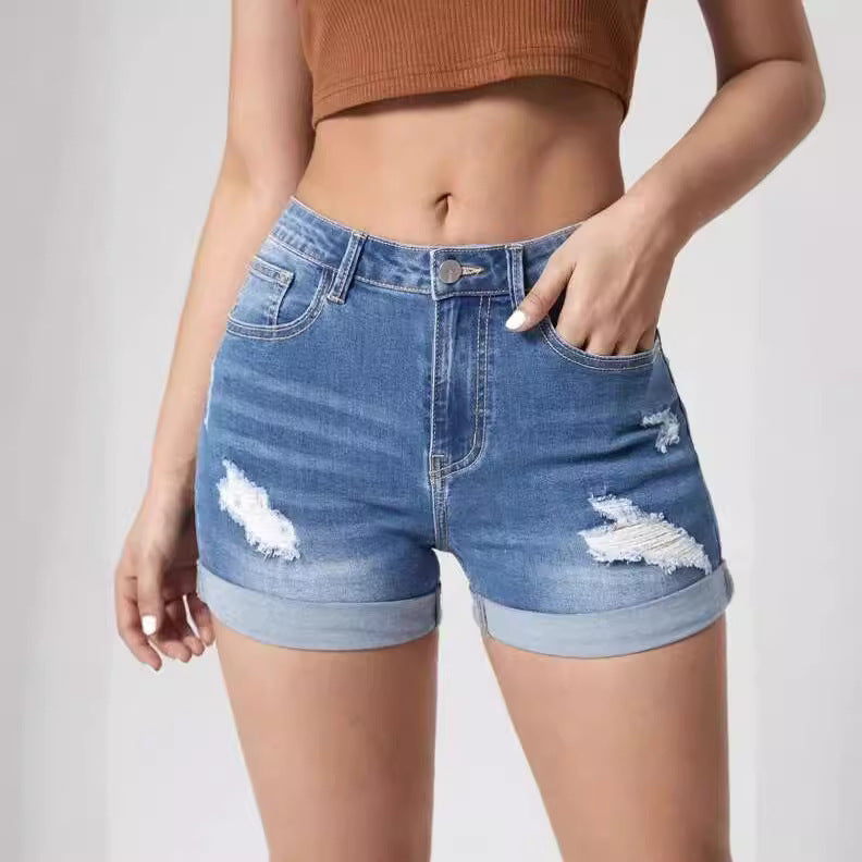 Shorts Vaqueros Desgastados de Cintura Elástica Alta para Mujer