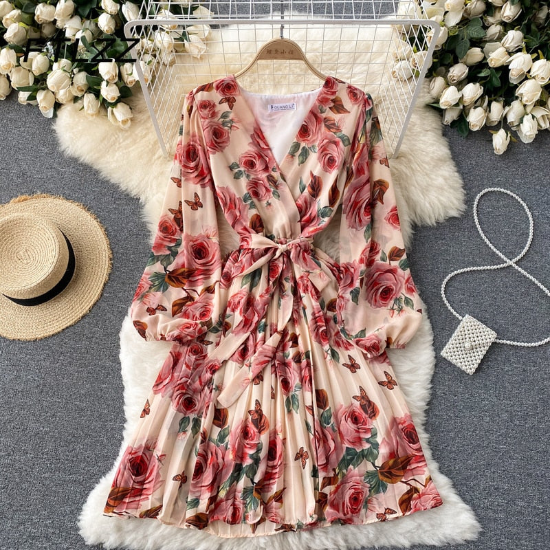 Vestido Largo Floral Estilo Francés con Escote en V para Mujer